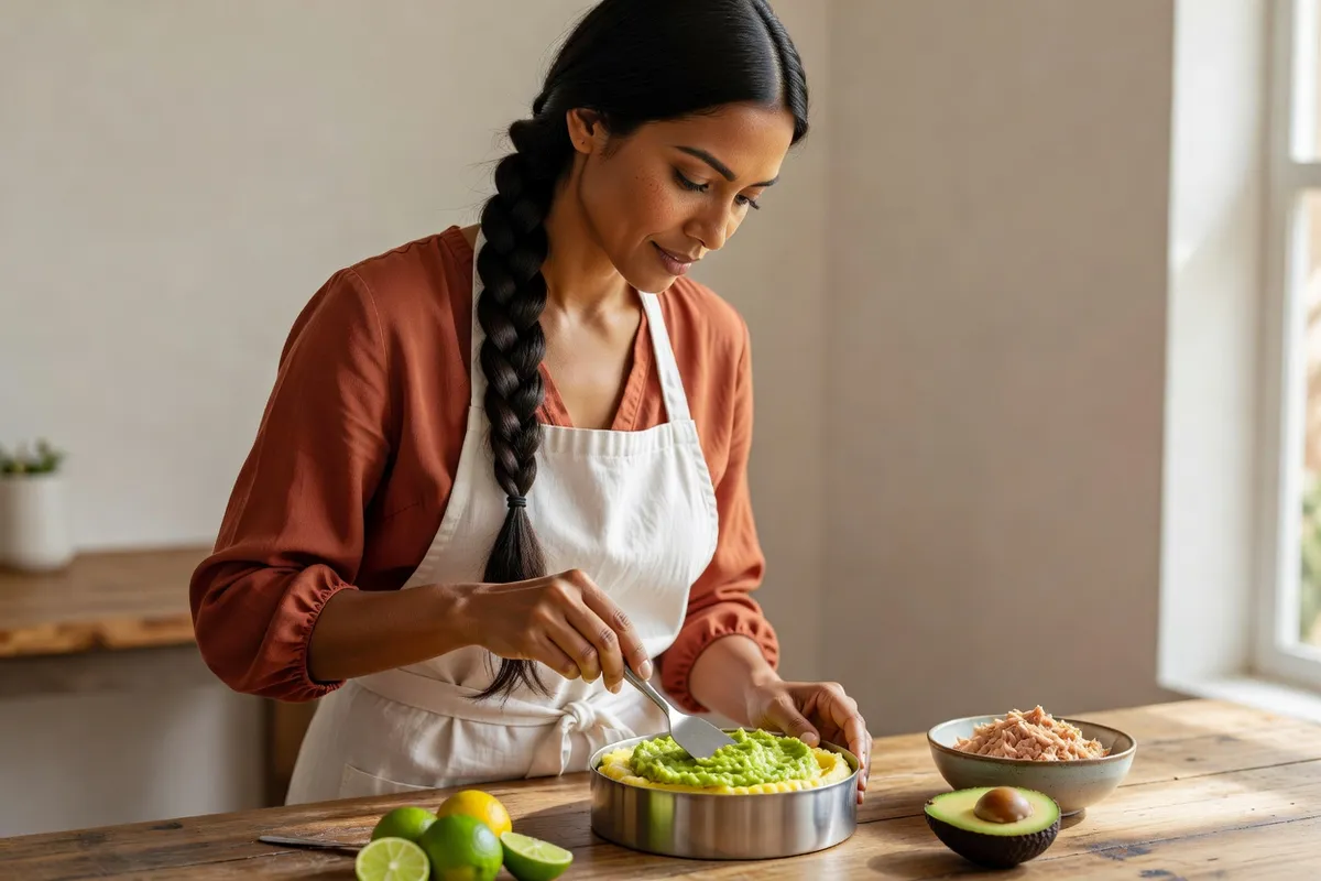 Une cuisinière étale une couche de crème d'avocat sur la purée jaune dans un cercle en inox, sur un plan de travail en bois