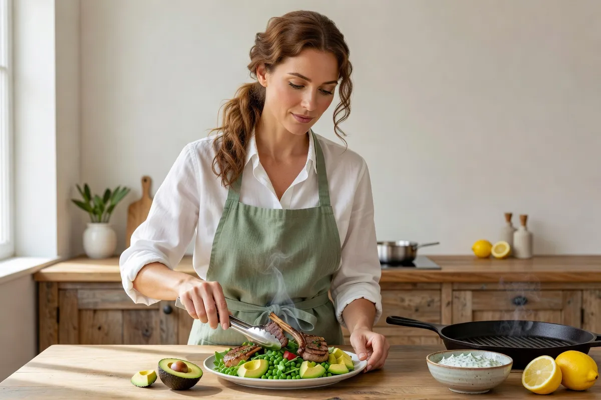 Une femme aux cheveux auburn dresse des côtelettes d'agneau grillées sur une salade de petits pois et d'avocat dans une cuisine lumineuse