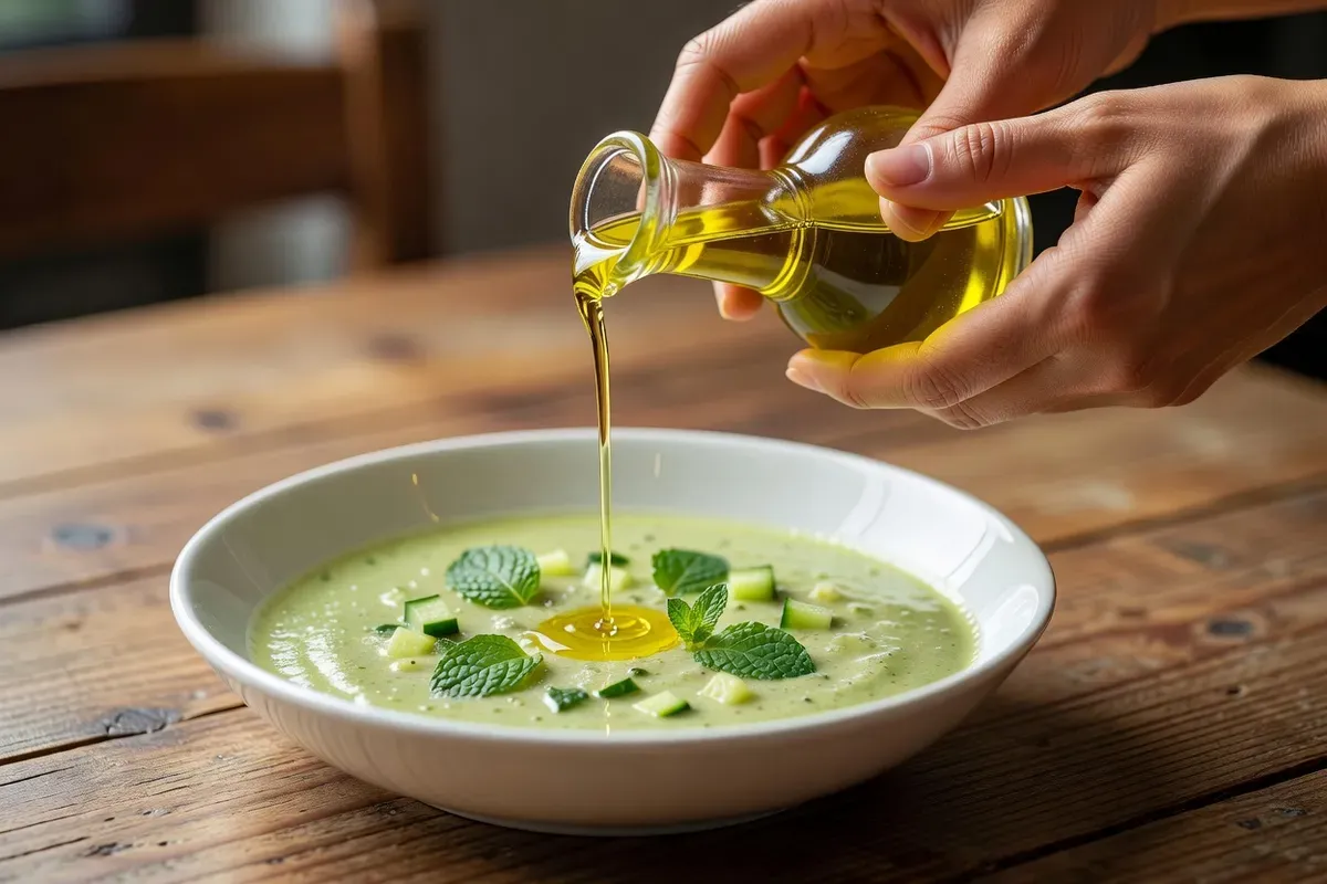 Mains versant un filet d'huile d'olive dans un bol de gaspacho vert pâle garni de dés de concombre et de feuilles de menthe