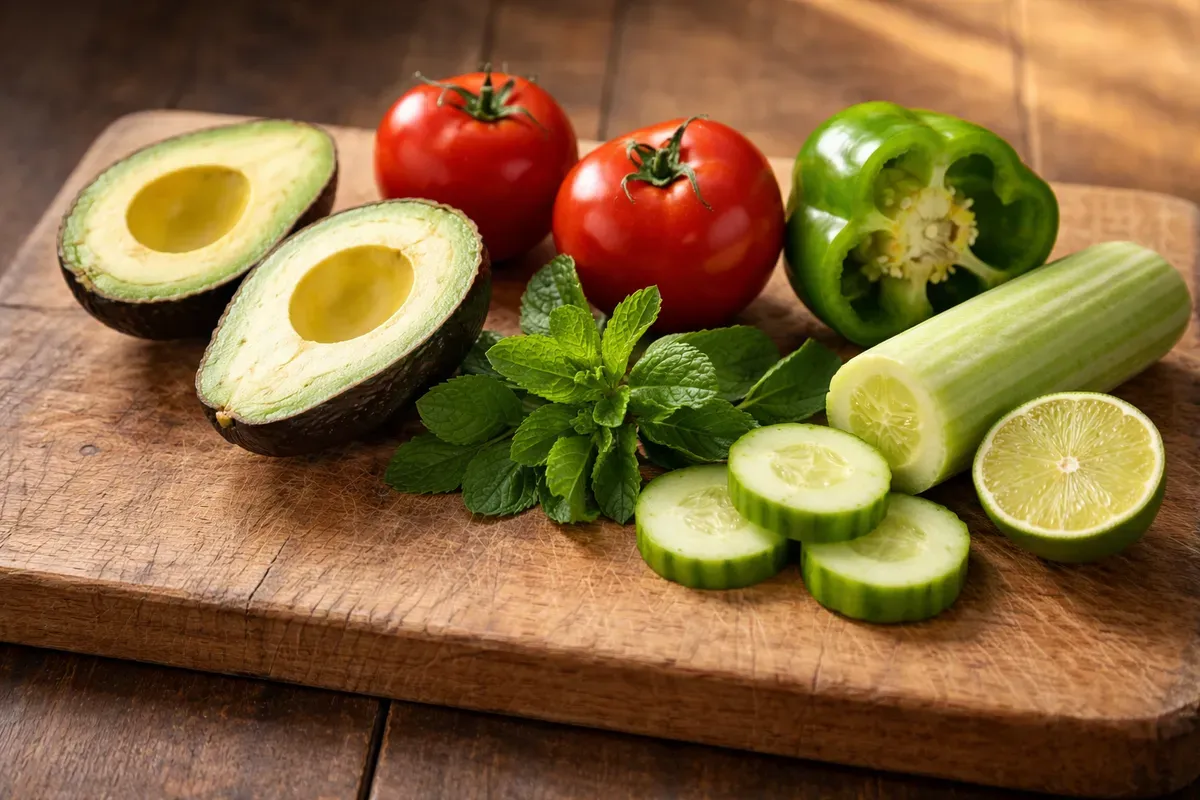 Moitiés d'avocat Hass, tomates, concombre, poivron vert, menthe et citron vert disposés sur une planche en bois