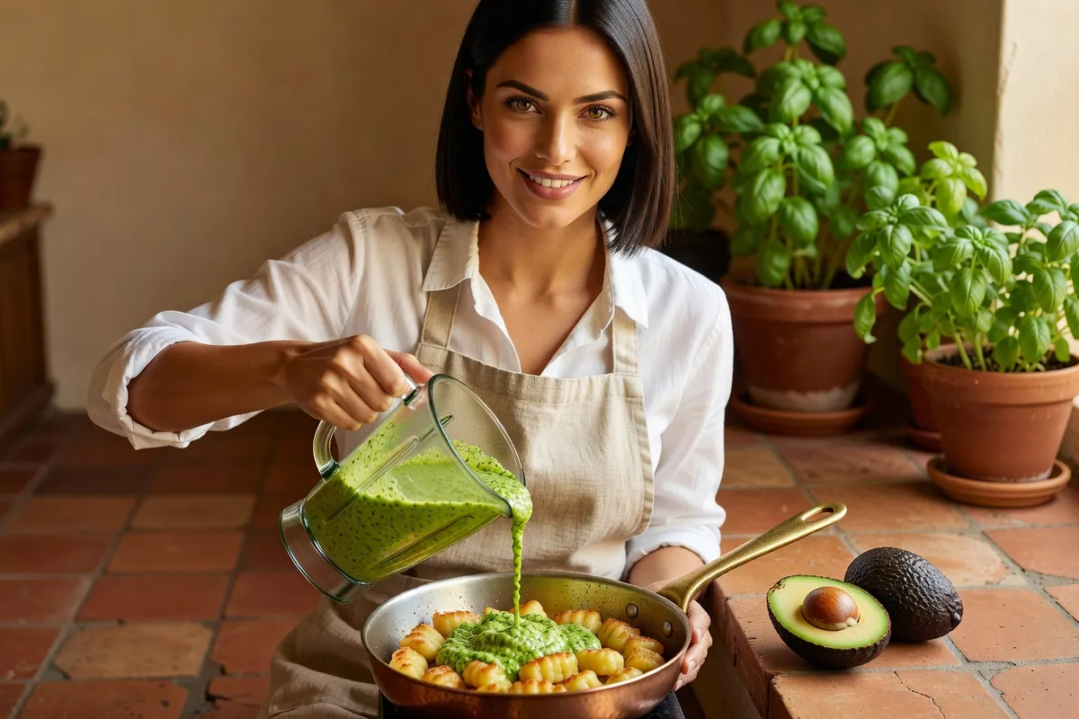Femme qui verse un pesto vert à l'avocat sur des gnocchis dans une casserole en cuivre