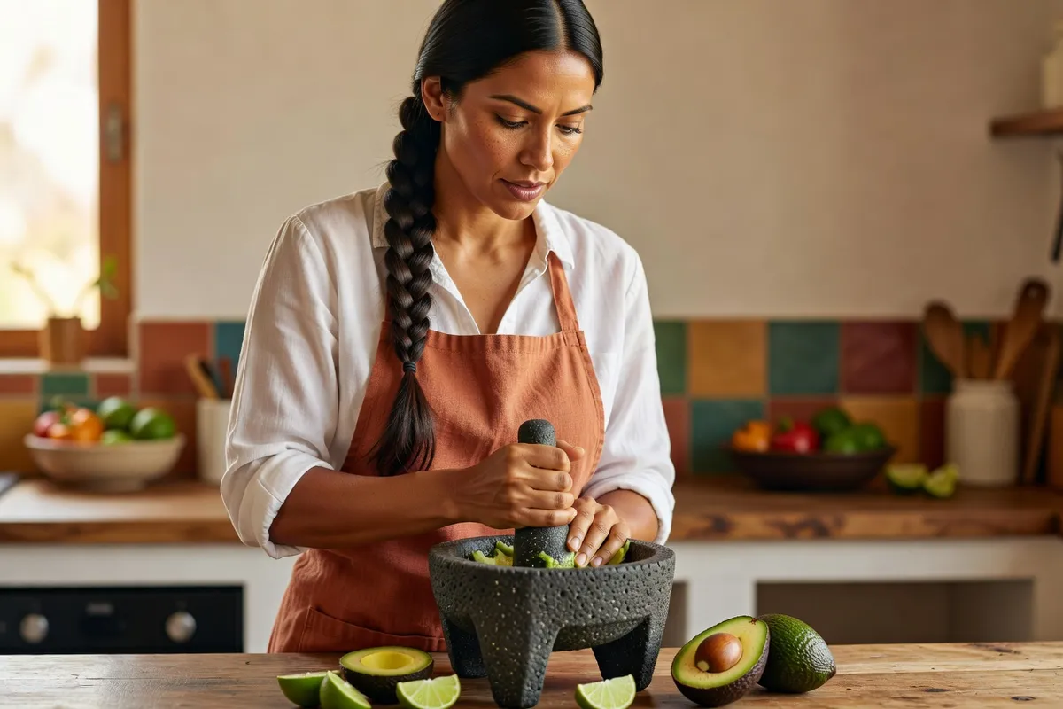 Jeune femme écrasant des avocats au pilon dans un molcajete en pierre noire sur un plan de travail en bois