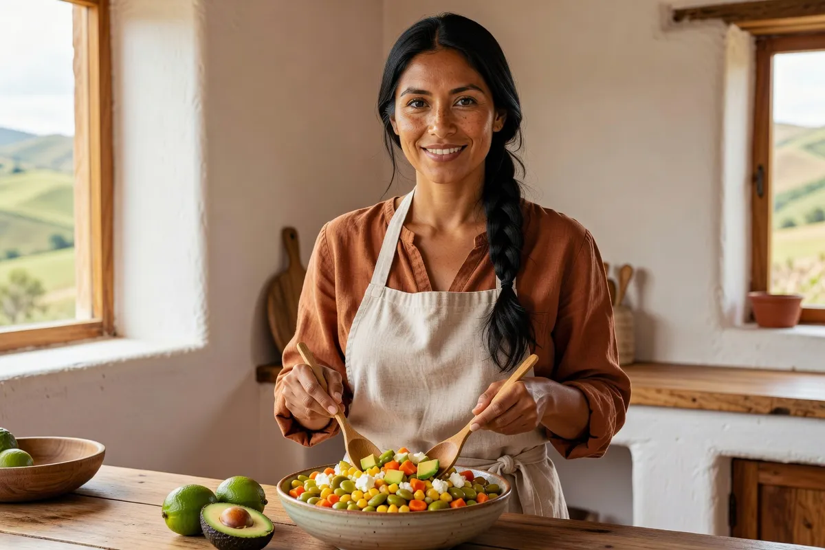 Femme souriante mélangeant délicatement une macédoine de fèves, maïs, feta et avocat dans un grand saladier en céramique