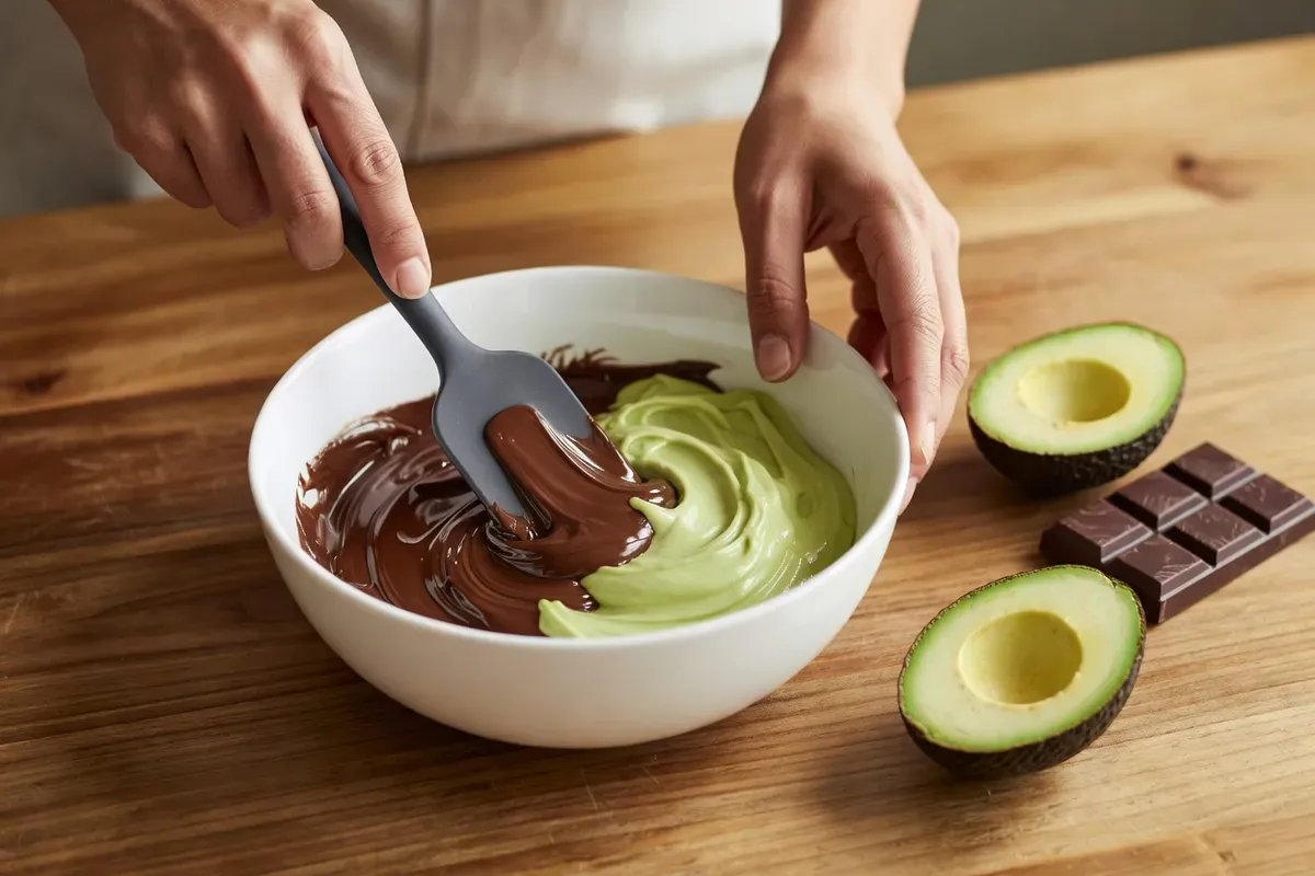 Mains incorporant du chocolat fondu dans une crème d'avocat lisse à la spatule dans un saladier blanc
