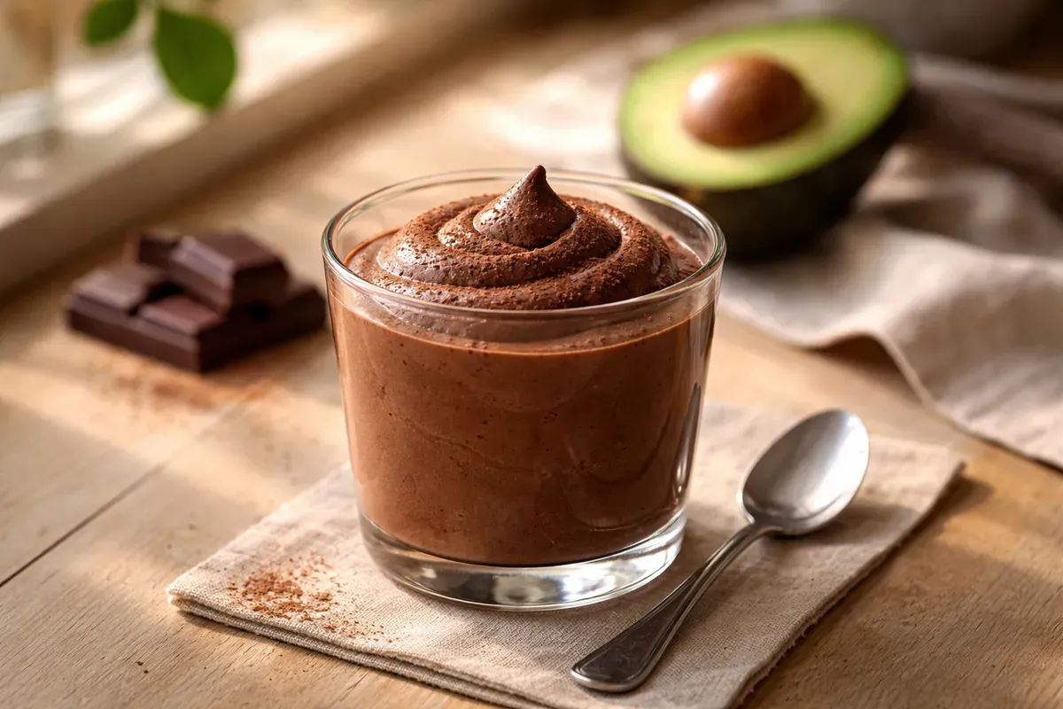 Verrine de mousse au chocolat à l'avocat saupoudrée de cacao, posée sur une table en bois avec une cuillère, un demi-avocat et des carrés de chocolat noir