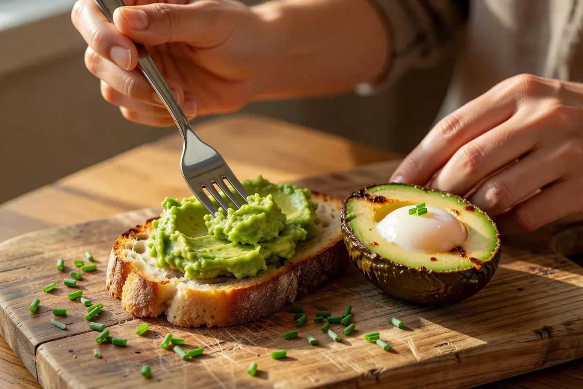 Mains écrasant de la chair d'avocat à la fourchette sur une tranche de pain de campagne grillé, à côté d'un demi-avocat cuit garni d'un œuf