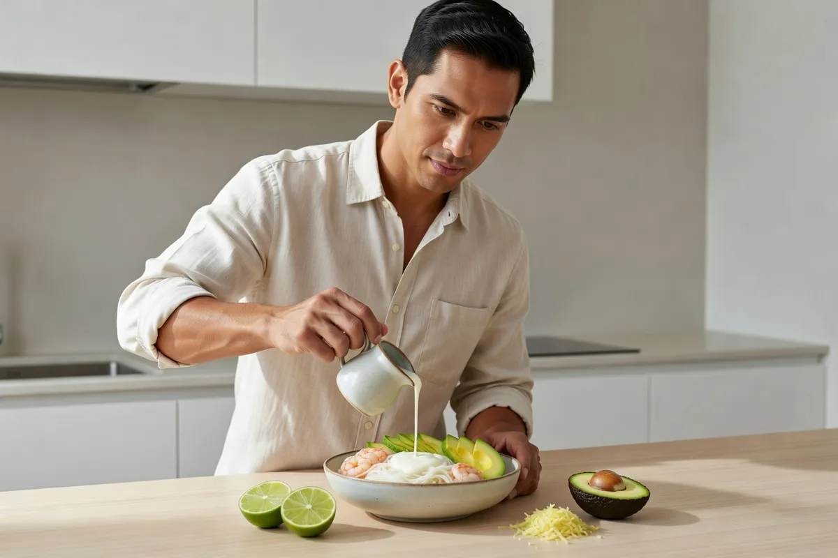 Homme en chemise de lin versant une sauce au lait de coco sur un saladier de vermicelles de riz, crevettes et tranches d'avocat