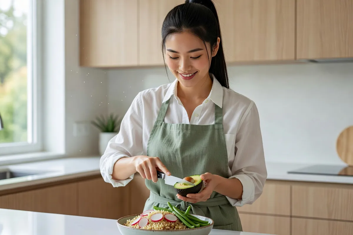 Une jeune femme tranche un avocat Hass au-dessus d'un saladier de quinoa, de radis et de haricots verts, dans une cuisine lumineuse