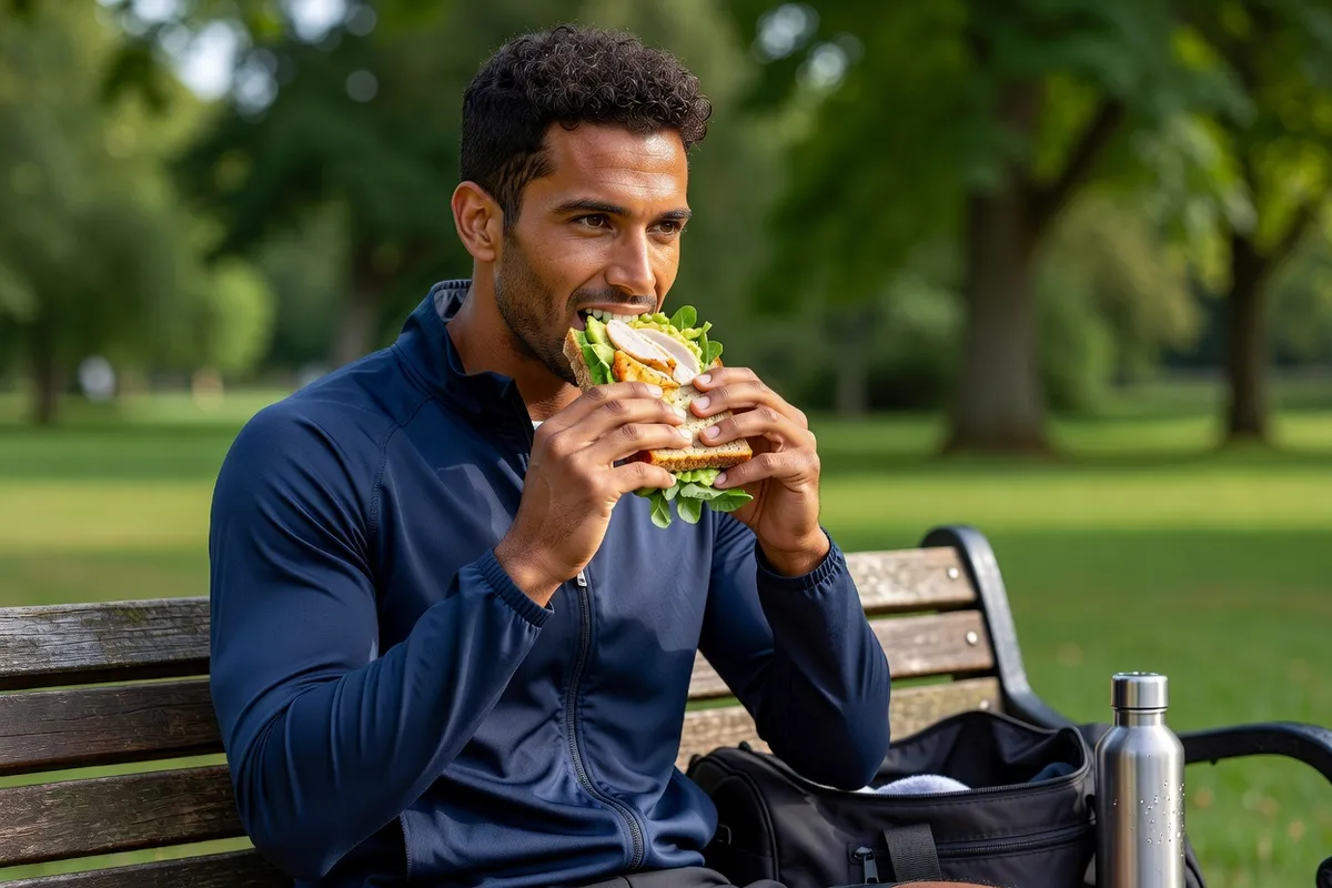 Homme en tenue de course croquant dans un sandwich à l'avocat et au poulet, assis sur un banc après son entraînement