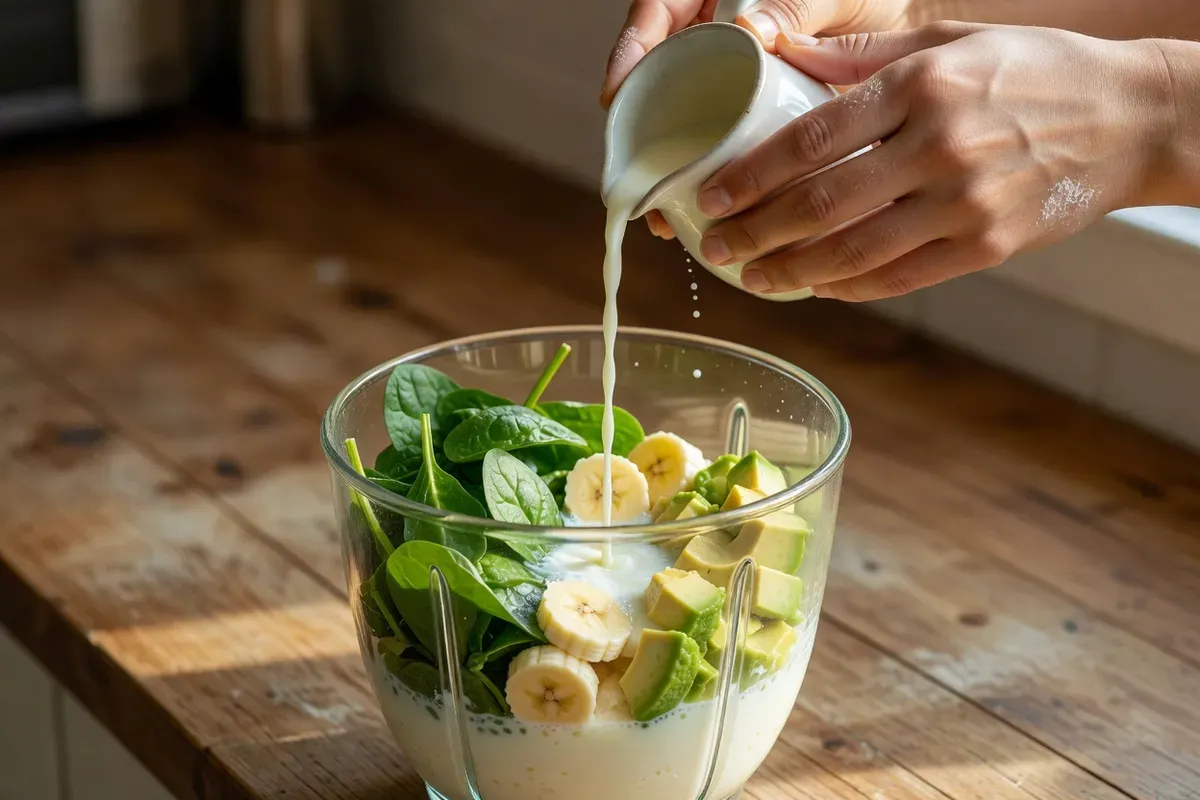 Mains versant du lait dans le bol d'un blender garni d'épinards, de rondelles de banane et de chair d'avocat
