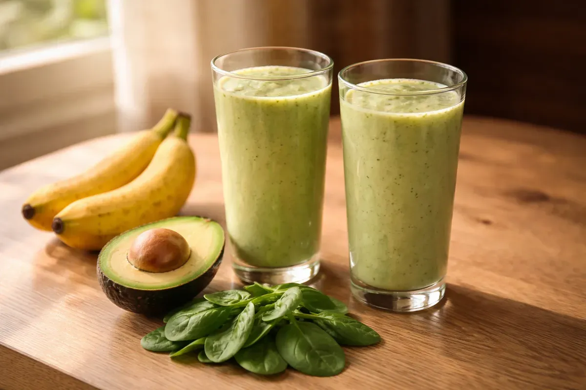 Deux verres de smoothie vert onctueux posés sur une table en bois avec des bananes, un demi-avocat et des feuilles d'épinard
