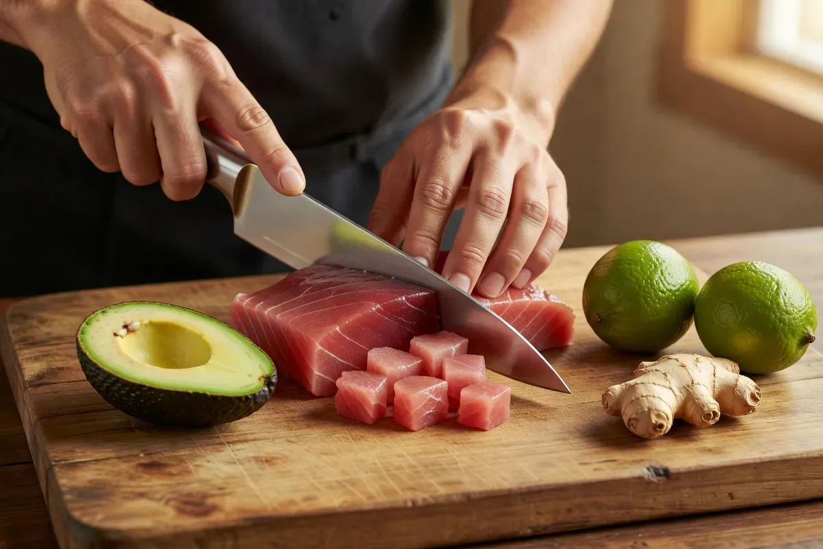 Mains coupant en dés réguliers un pavé de thon rose sur une planche en bois, avec avocat, citrons verts et gingembre posés à côté