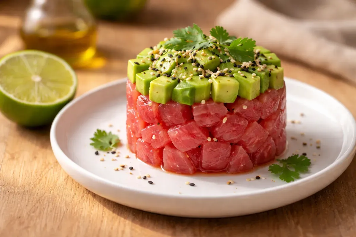Nature morte d'un cercle de tartare de thon rose rubis surmonté de dés d'avocat vert, parsemé de graines de sésame, sur une assiette blanche