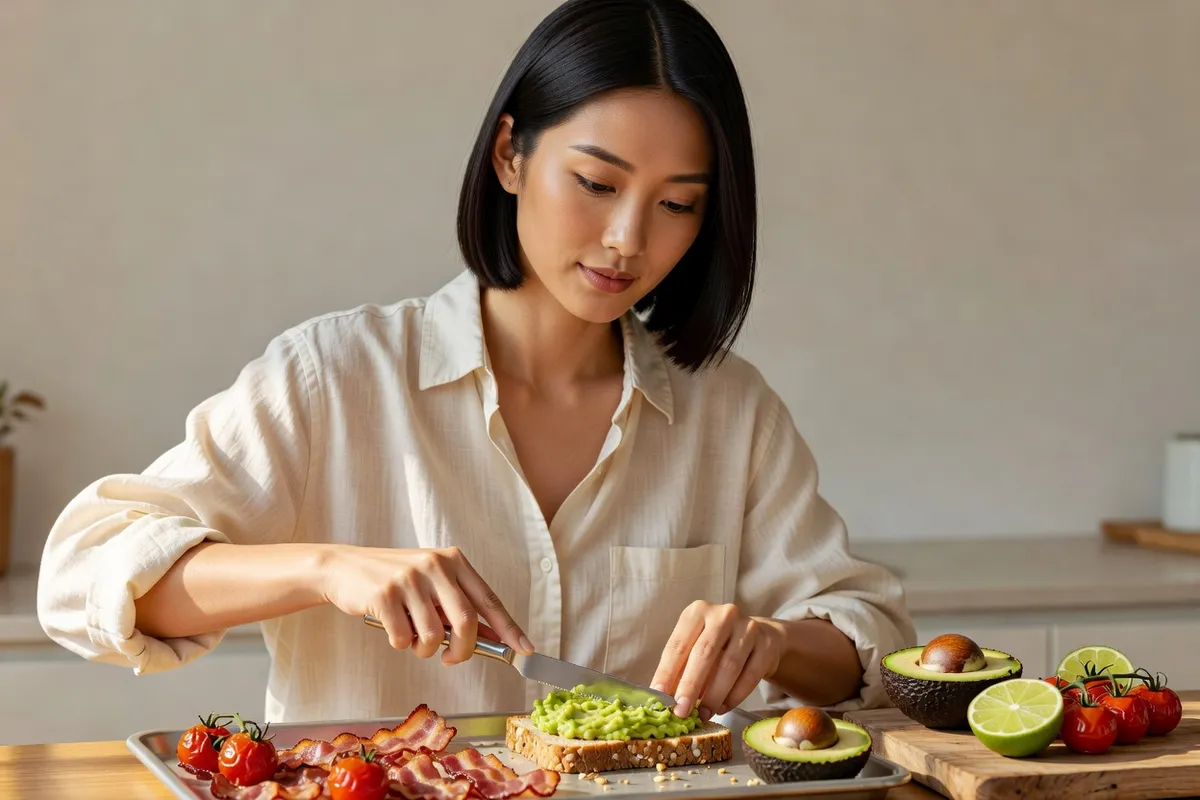 Une jeune femme en chemise de lin tartine d'avocat écrasé une tranche de pain aux céréales grillé, près d'une plaque de bacon et de tomates cerises rôties