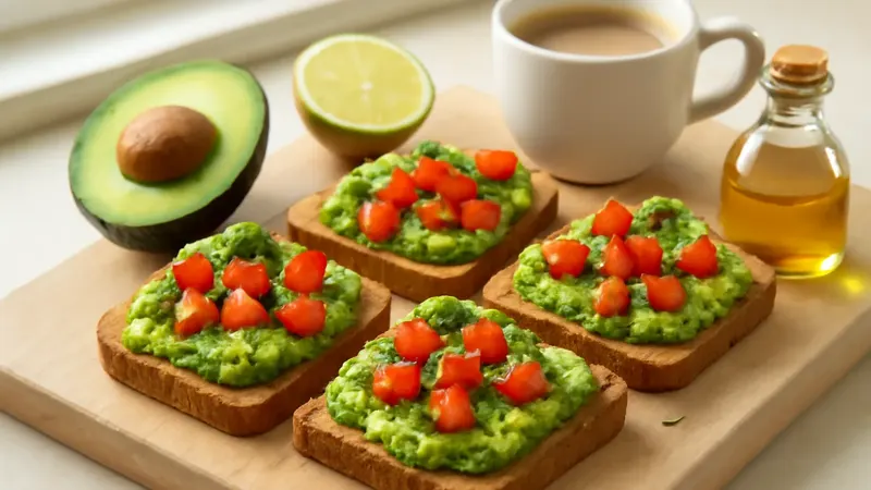 Quatre tartines de pain complet grillé nappées d'avocat écrasé, de dés de tomate rouge et de feuilles de basilic, sur une planche en bois clair