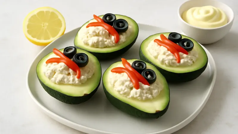 Quatre demi-avocats garnis de poulet effiloché à la mayonnaise, lamelles de poivron rouge et rondelles d'olive noire