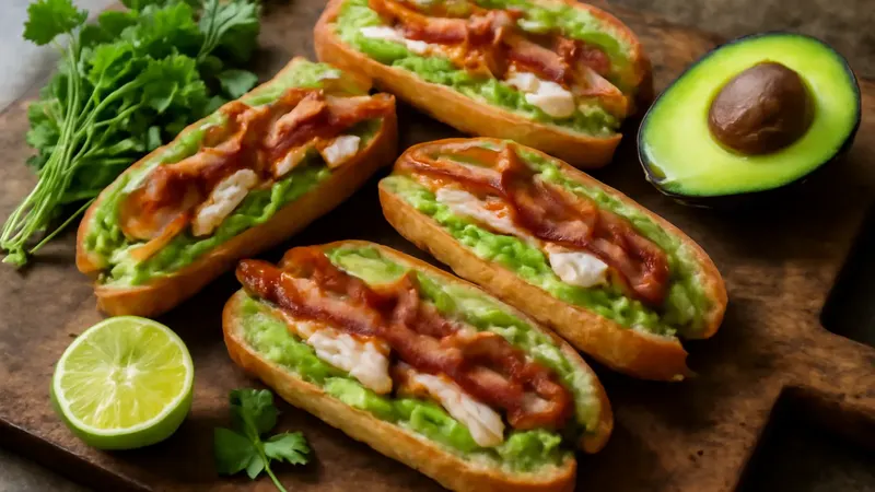 Petites baguettes ouvertes garnies de crème d'avocat au cresson, poulet rôti et bacon croustillant sur une planche en bois