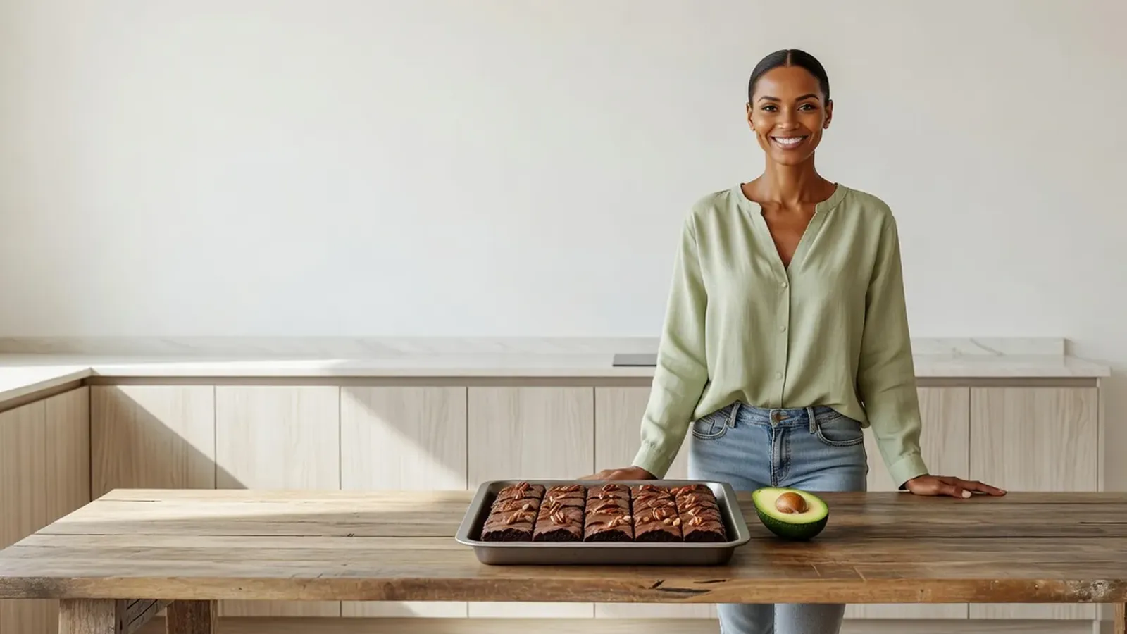 Femme souriante derrière une table en bois où un plat carré de brownies au chocolat coupés en carrés côtoie un demi-avocat
