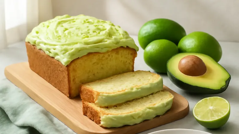 Cake au citron vert et à l'avocat tranché sur une planche en bois clair, glaçage vert pâle parsemé de zestes, citrons verts et demi-avocat Hass à côté