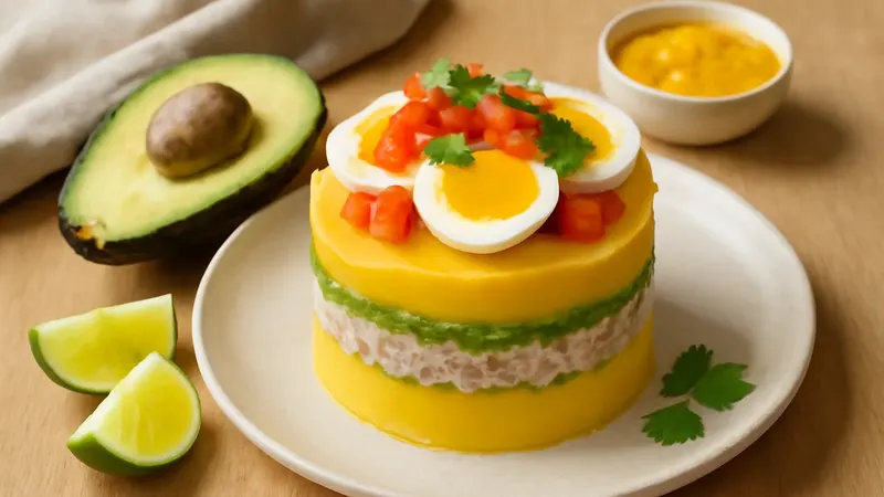 Causa rellena démoulée en couches jaunes et vertes, garnie d'œuf dur et de dés de tomate, sur une assiette en grès clair
