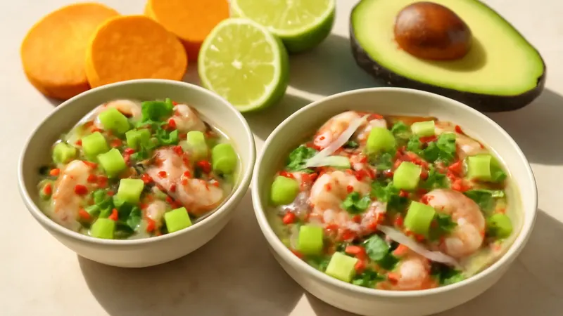 Coupelles de ceviche de crevettes roses, dés d'avocat Hass et coriandre, avec rondelles de patate douce orangée sur une table claire