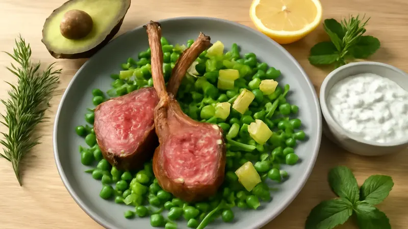 Deux côtelettes d'agneau grillées et rosées posées sur une salade de petits pois, roquette et cubes d'avocat, avec un bol de sauce au yaourt et à la menthe