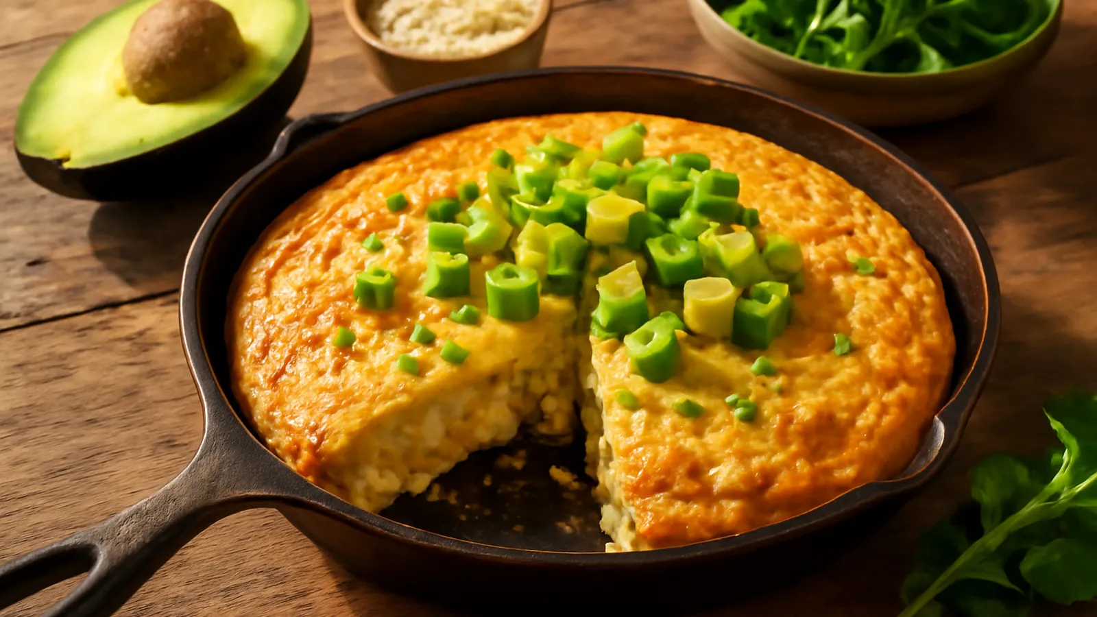 Frittata dorée coupée en parts dans une poêle en fonte, dés d'avocat vert et ciboulette sur le dessus, sur une table en bois