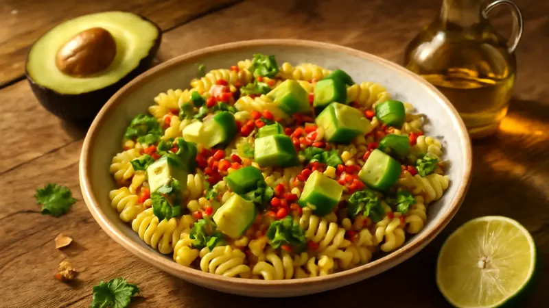 Grand plat de fusilli luisants d'huile d'olive, bouchées d'avocat Hass, amandes grillées concassées, piment rouge et coriandre