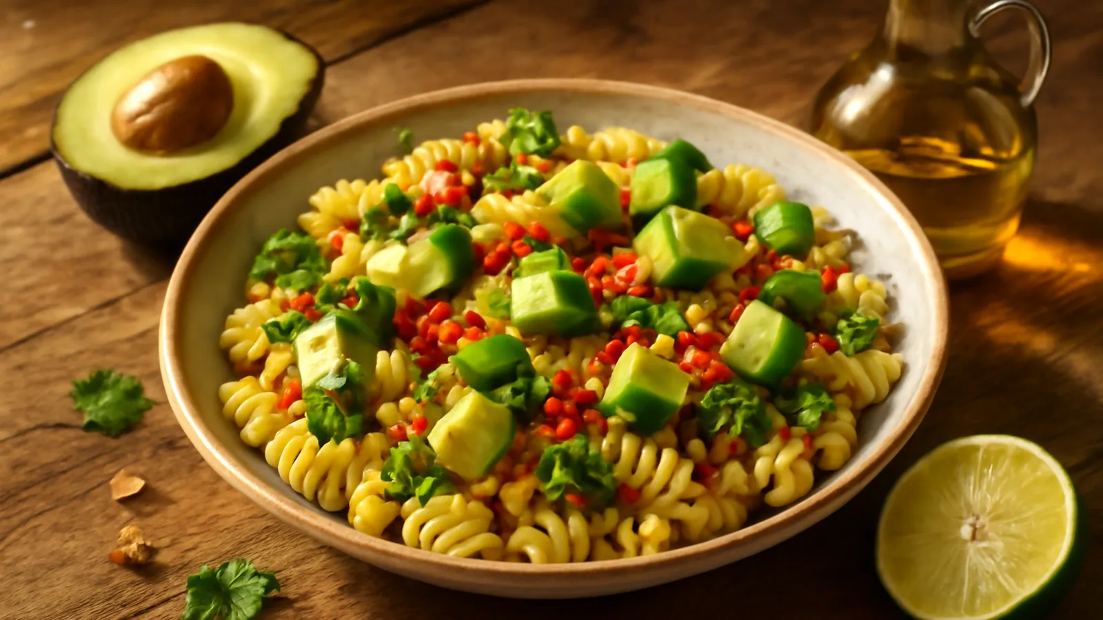 Grand plat de fusilli luisants d'huile d'olive, bouchées d'avocat Hass, amandes grillées concassées, piment rouge et coriandre