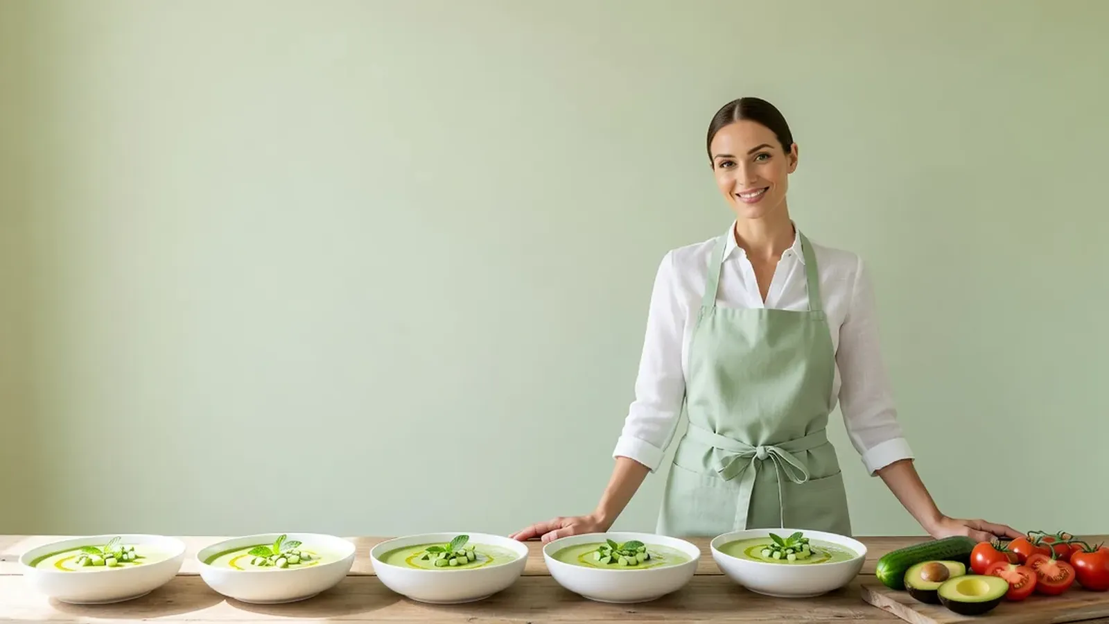 Femme souriante derrière une longue table en bois dans une cuisine lumineuse, avec des bols de gaspacho vert clair à l'avocat, au concombre et à la menthe