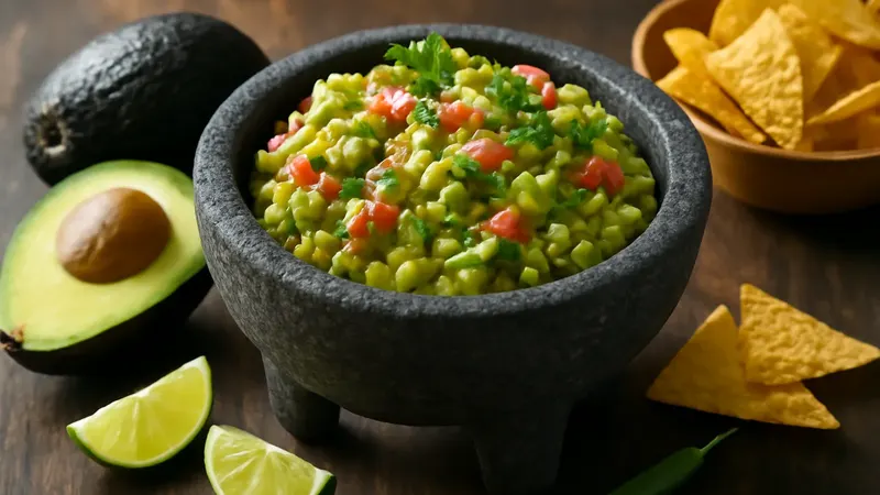 Guacamole à gros morceaux dans un mortier en pierre volcanique noire, entouré de demi-avocats Hass, de citrons verts, de coriandre et de chips de maïs