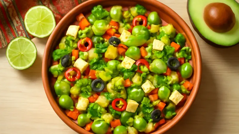 Saladier en céramique rempli de fèves vertes, dés de carotte, maïs doux, olives noires, feta et avocat, parsemé de persil