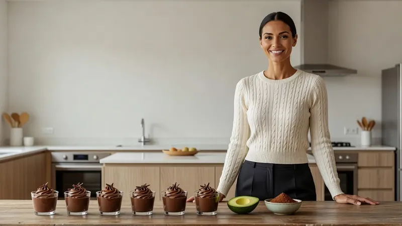 Femme souriante derrière une table en bois où sont alignées six verrines de mousse au chocolat noir, à côté d'un demi-avocat et d'un bol de cacao