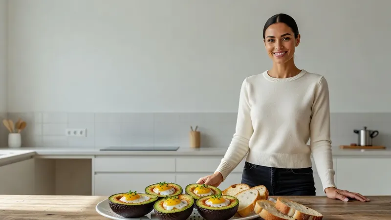 Femme souriante derrière une longue table en bois dans une cuisine lumineuse, avec des demi-avocats garnis d'un œuf cuit au four et des tranches de pain grillé
