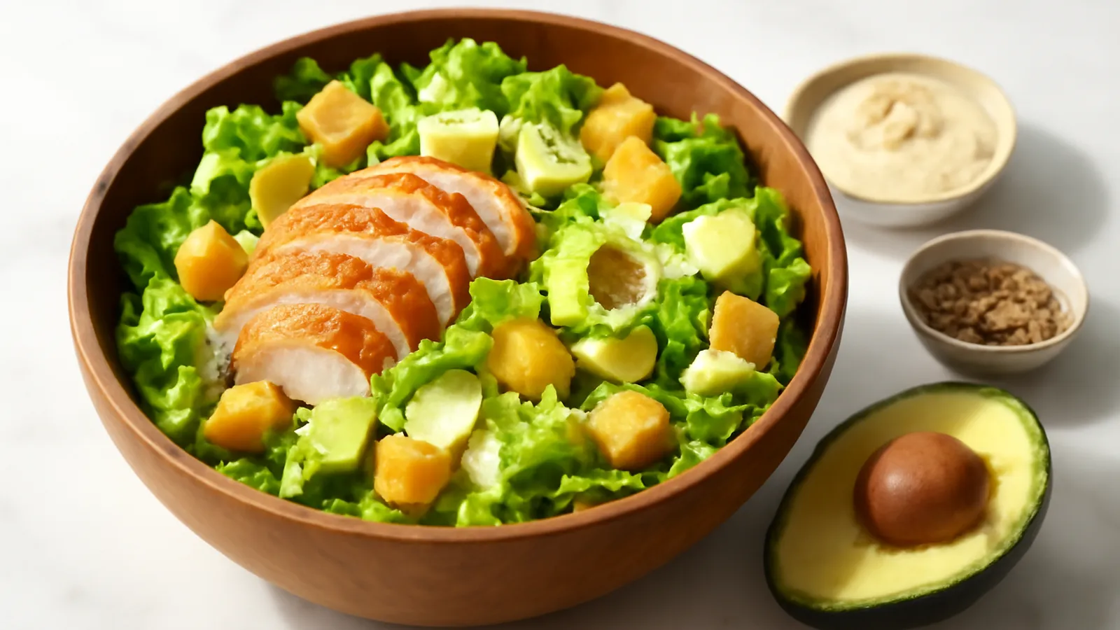 Saladier de romaine, poulet tranché, dés d'avocat Hass, croûtons dorés et copeaux de parmesan nappés de sauce César