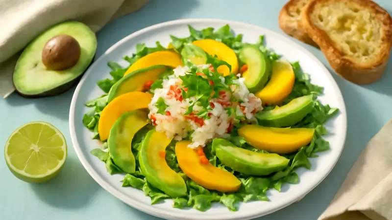 Assiette de roquette garnie de tranches d'avocat, de mangue et de chair de crabe, parsemée de coriandre et de menthe