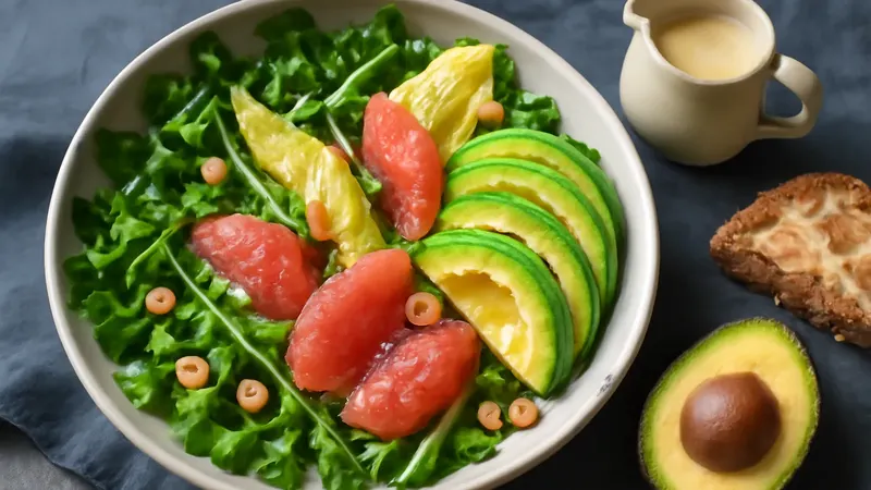 Grand saladier de cresson, laitue, haricots verts, quartiers de pamplemousse rose et lamelles d'avocat parsemés de noisettes grillées et de graines de sésame