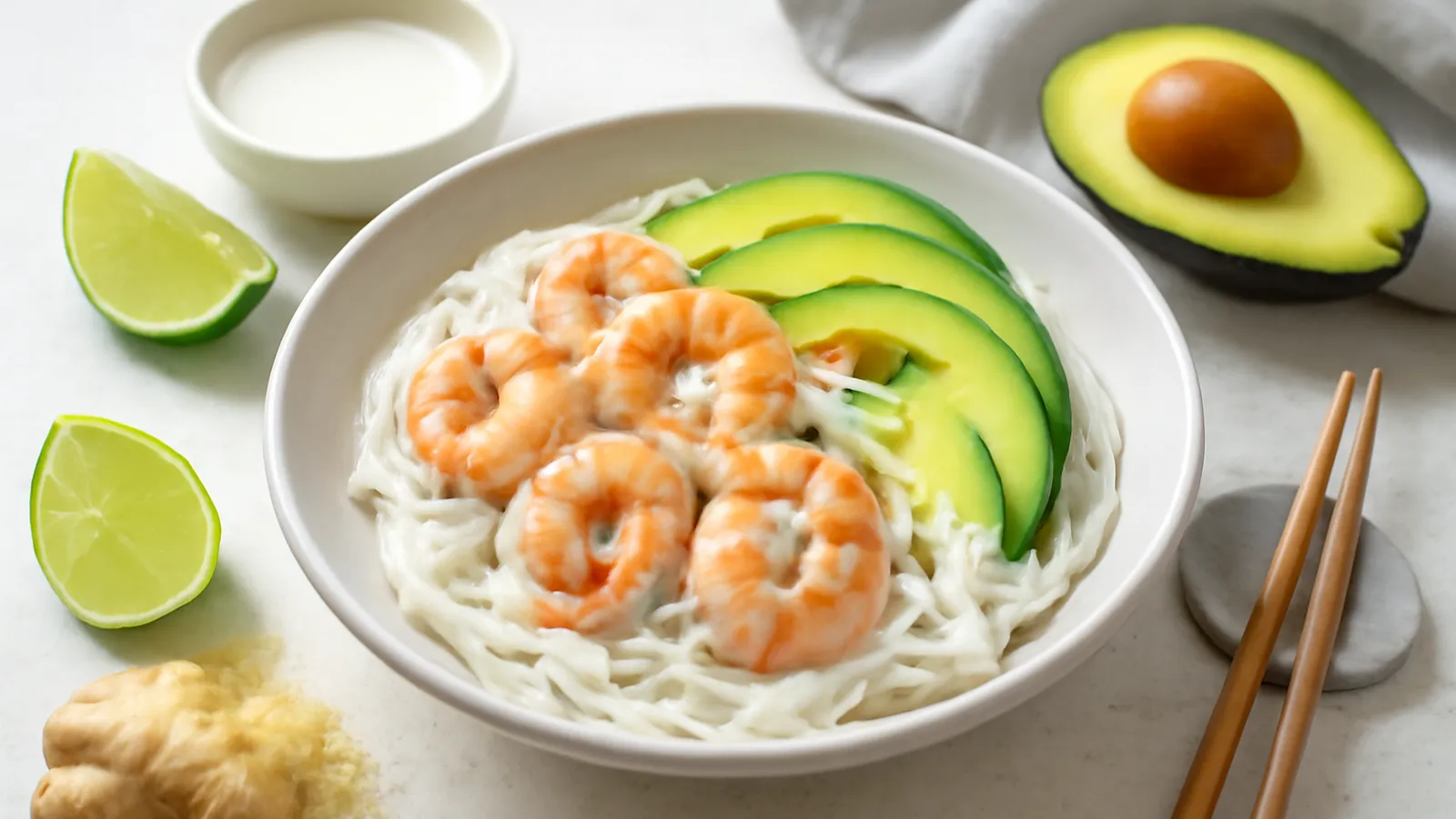 Bol de vermicelles de riz aux crevettes roses et tranches d'avocat nappés d'une sauce au lait de coco, ciboulette ciselée, quartier de citron vert et gingembre frais à côté