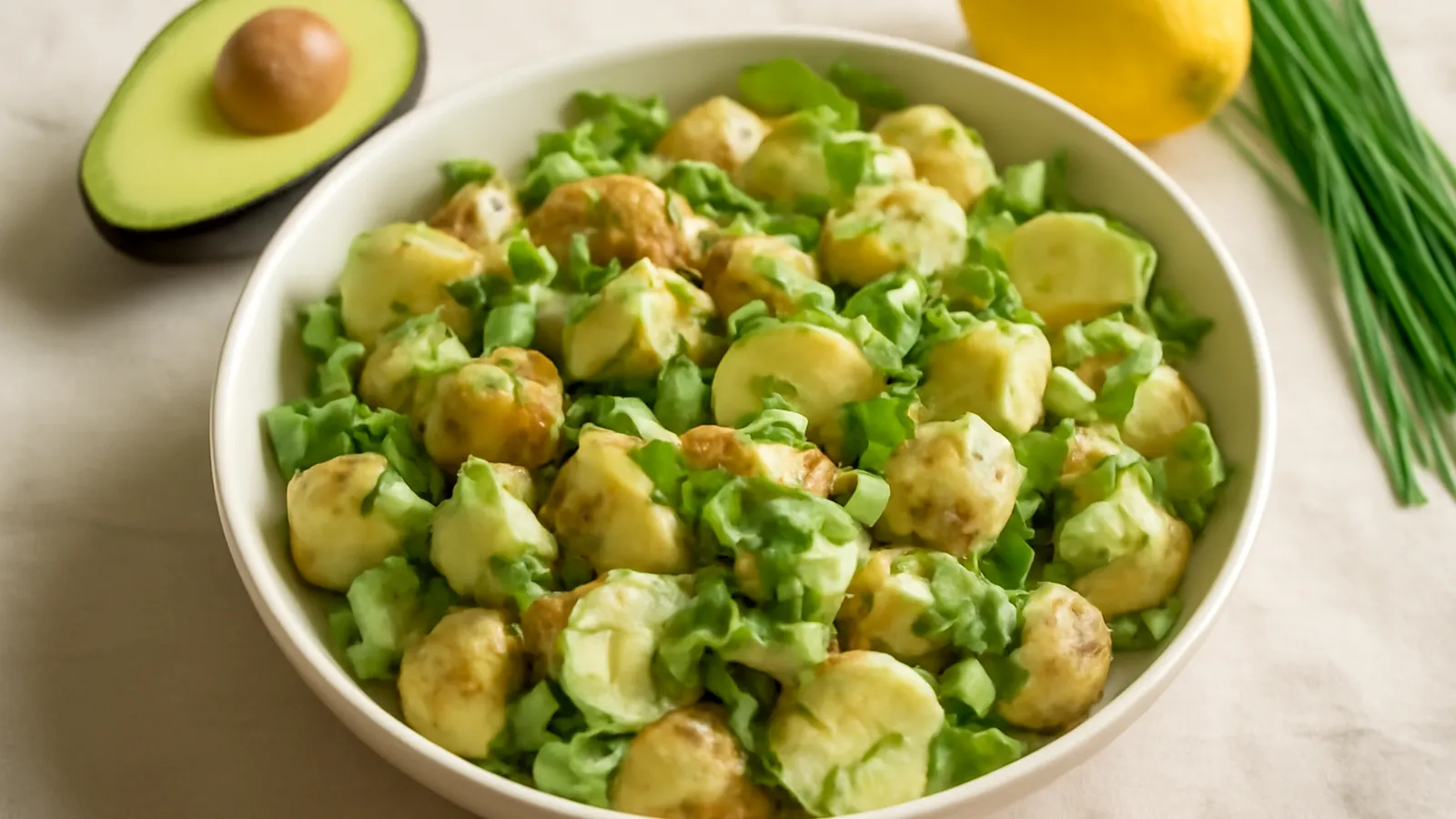 Saladier de pommes de terre nouvelles coupées en deux, gros dés d'avocat, cresson et amandes grillées, parsemés de ciboulette ciselée