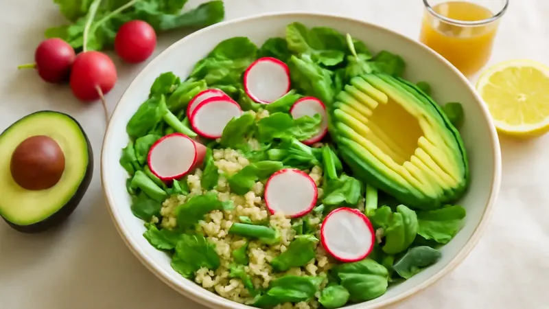 Saladier de quinoa aux haricots verts, rondelles de radis roses et tranches d'avocat, posé sur une nappe de lin clair