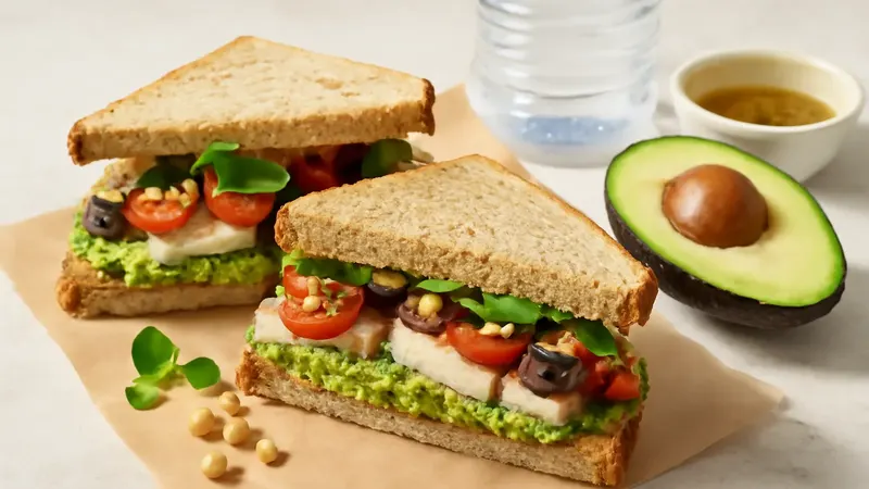 Sandwichs coupés en diagonale laissant voir l'avocat écrasé, le poulet tranché, les tomates cerises, les olives noires et le cresson, posés sur un papier kraft