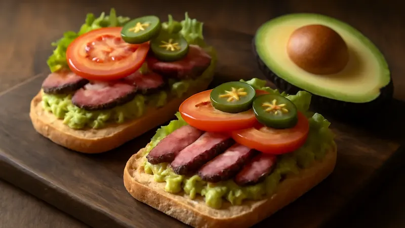 Deux sandwichs ciabatta ouverts garnis de purée d'avocat, de lamelles de rumsteck rosé, de tomate, de laitue et de rondelles de jalapeño