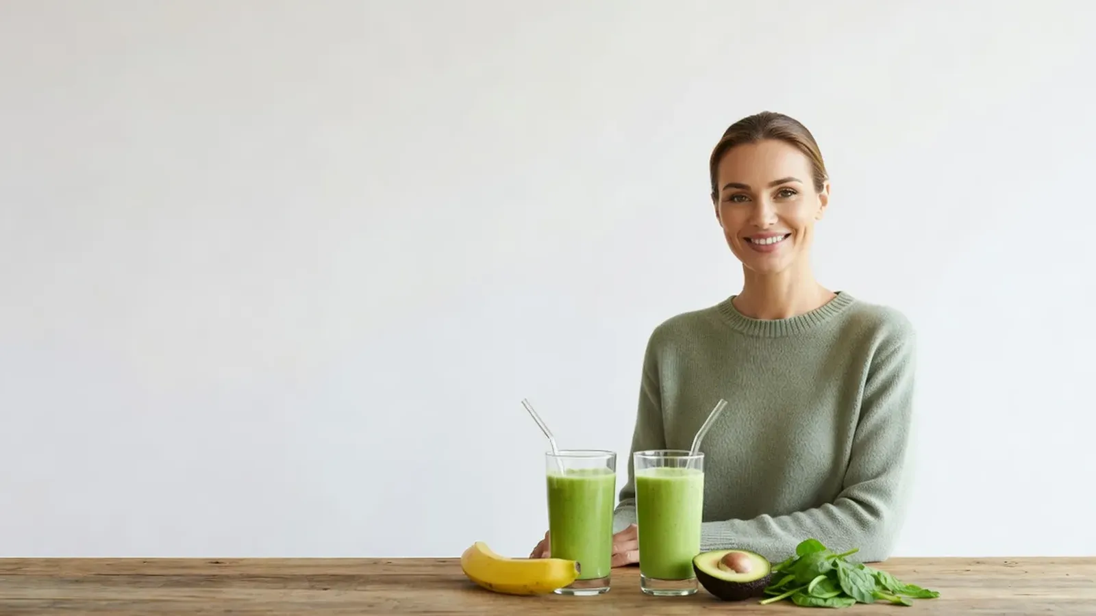 Femme souriante derrière une longue table en bois avec deux grands verres de smoothie vert épais, une banane, un demi-avocat et des feuilles d'épinard