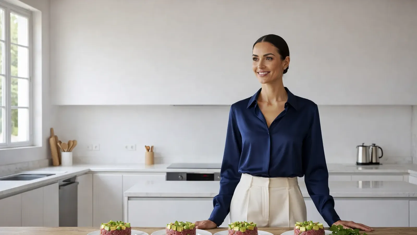 Femme souriante derrière une longue table en bois dans une cuisine claire, devant quatre cercles de tartare de thon rose et d'avocat vert parsemés de sésame