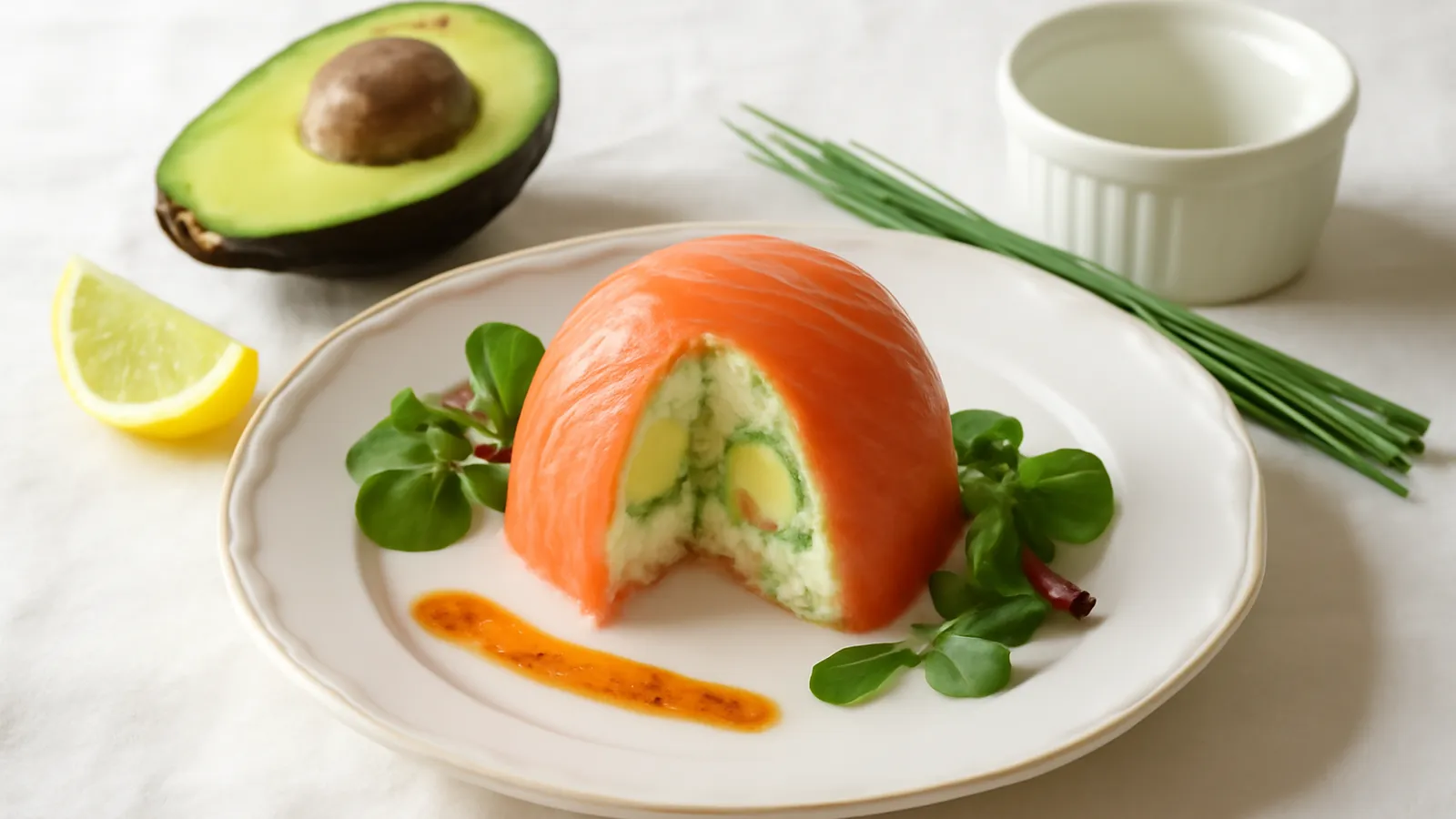 Petite terrine démoulée de saumon fumé et avocat sur assiette blanche, avec jeunes pousses et trait de sauce au piment doux