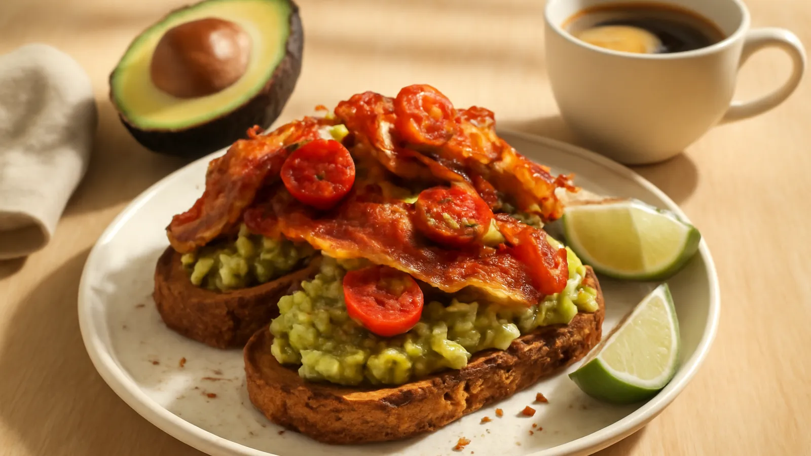 Deux tartines de pain aux céréales couvertes d'avocat écrasé, de tranches de bacon croustillant et de tomates cerises rôties, parsemées de flocons de piment