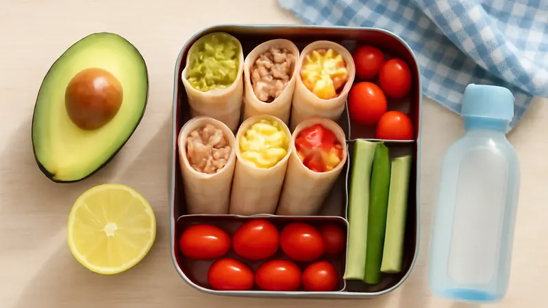 Boîte à déjeuner en inox ouverte contenant six demi-wraps roulés en cornet garnis d'avocat, de thon, d'œuf et de fromage, tomates cerises et bâtonnets de concombre